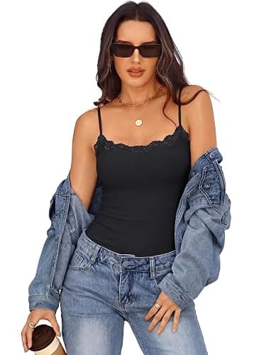 GKBK Built in Bra Womens Padded Lace Tank Tops Double Lined Spaghetti Strap Fitted Layering Club Night Party Cami Shirt thumbnail 5