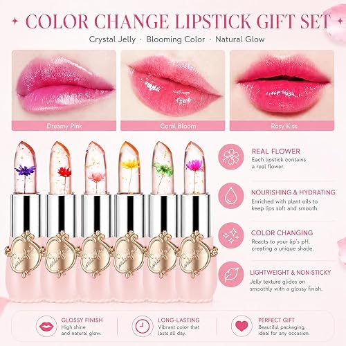 Pack of 6 Crystal Flower Jelly Lipstick, Long Lasting Nutritious Lip Balm Lips Moisturizer Magic Temperature Color Change Lip Gloss, Birthday Mothers Day Gifts, Graduation Gifts, Bulk Gifts for Women thumbnail 2
