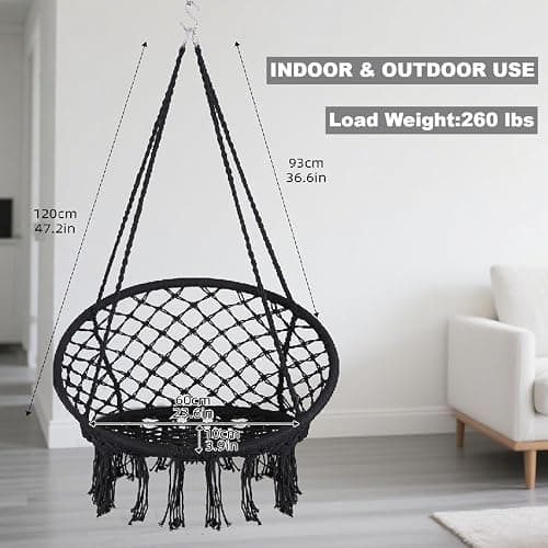 Goutime Hammock Chair, Macrame Hanging Indoor Swing Chairs with Hardware Kit,Adult Boho Swinging Swings for Outside,Patio,Balcony,Bedroom (Black (Pillows are not Included)) thumbnail 3