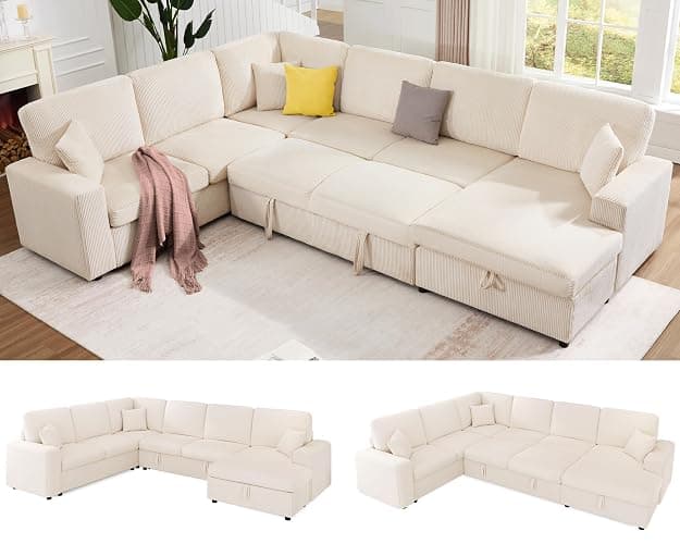 Jocisland Oversized Sofa Bed, 130" Sleeper Sofa, Pull Out Sleeper Couch with Storage, Convertible 6-Seater Sofa Bed for Living Room, Corduroy Beige Couch - Image 1