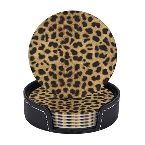 Leopard Animal Print Printed Coasters Set of 6, Pu Leather Round Coasters with Holder, Drinking Coasters Coffee Cup Mat for Bar Kitchen Home thumbnail 4