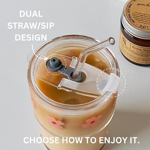 Olvini 13oz Glass Tumbler with Straw and Lid, Reusable Iced Coffee Cup Tumbler, Cute Glass Cups for Water, Matcha, Travel Coffee Mugs (Bon Appétit) thumbnail 6
