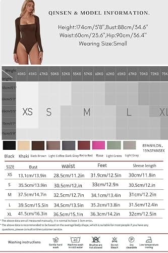 QINSEN Women's Sexy Square Neck Bodysuit Long Sleeve Double Lined Shirt Tops thumbnail 6