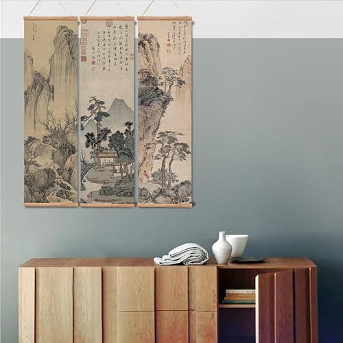 xinyuru Chinese Ancient Landscape Wall Art Poster,Tradition Canvas Printing,Oak Wood Scroll Painting Decor for Bedroom Living room (Landscape 01, 12”x41”x3 Piece) thumbnail 4