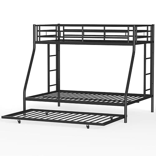 Shintenchi Twin Over Full Size Bunk Bed with Trundle, Heavy-Duty Metal Frame, 2 Ladders & Full-Length Guardrail, Space-Saving Sleep Solution for Kids/Teens/Adults, Black thumbnail 7