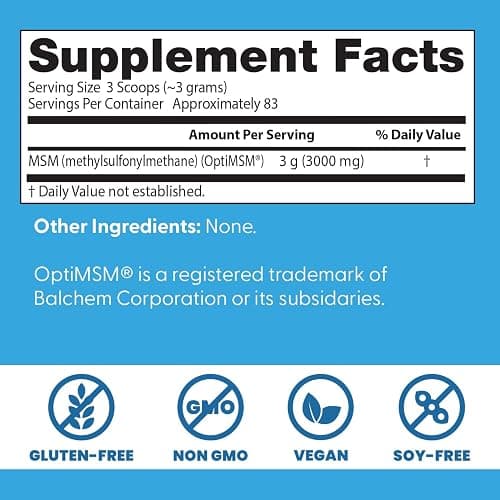 Doctors Best MSM Powder, Supports Hair, Skin, Nails, & Joints, Non-GMO, Gluten Free, Soy Free, Vegan Net Wt. 8.8 oz (250 Grams) thumbnail 3