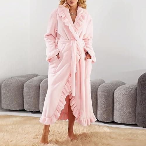 Oplxuo Fuzzy Robe for Women Cute Ruffle Plush Soft Long Sleeve Robes Fluffy Warm Fleece Long Bathrobe with Pockets thumbnail 5