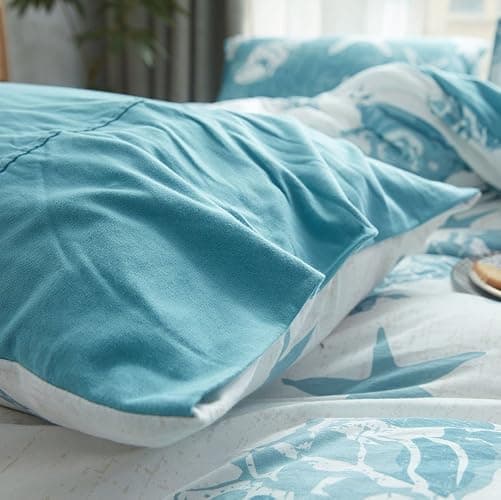DONEUS Jersey Knit Duvet Cover Set 100% T-Shirt Cotton Super Soft Breathable Comfy Seashells Pattern Bedding Set 3 Piece with Zipper Closure, White Blue King 104x90 Inches thumbnail 5
