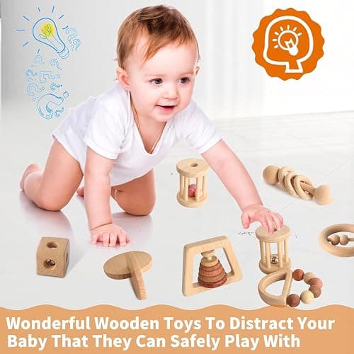 Wooden Baby Toy 8pcs, Montessori Toys for Babies 1-3 Years Old, Wooden Rattles Toy Set for Infant Grasping, Sensory Development, Gift for Baby Boys Girls (Natural Wood) thumbnail 7