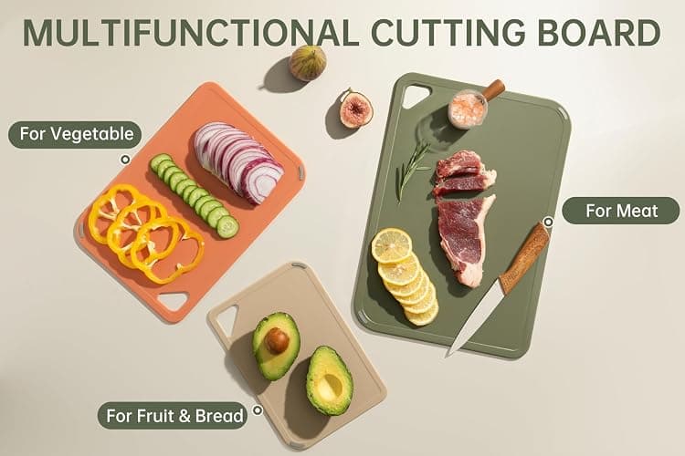 THETCHRY Plastic Cutting Board Set, Cutting Boards for Kitchen BPA Free | Large-Small Chopping Boards Set of 3 Non-Slip for Cooking Camping Dishwasher Safe, Reversible, with Grip Handle, Orange Green thumbnail 5
