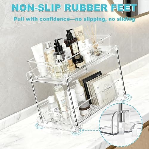 FAMOVELL 2 Tier Under Sink Organizer Bathroom Organizers and Storage, Clear Stackable Bathroom Cabinet Organizer, Multipurpose Pull-Out Home Organizer for Kitchen and Pantry Storage 2 Pack thumbnail 6