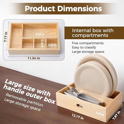 Utensil Holder for Party,Paper Plate Holders,Wood Silverware Organizer for Kitchen Countertop,Silverware Caddy,Essentials for Parties,Cutlery Flatware Organizer for Spoons Forks Napkins Cup,Set of 2 thumbnail 3