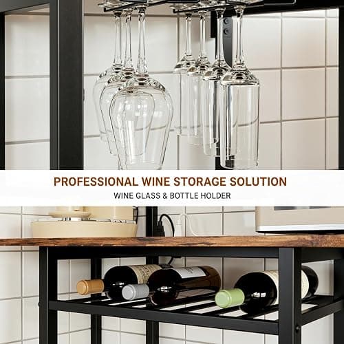 IRONCK Large Bakers Rack with Power Outlet, 6-Tier Corner Microwave Stand, Industrial Coffee Bar with Wine Rack, Hooks & Wire Baskets for Kitchen Spices/Pots, Rustic Brown thumbnail 6
