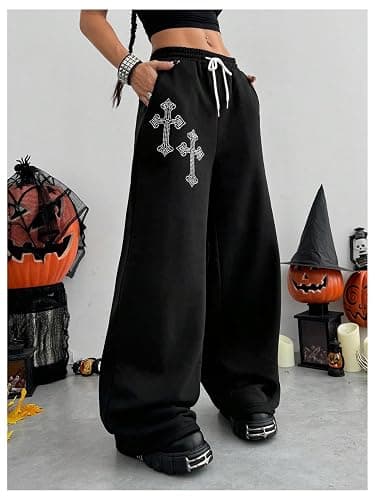 SOLY HUX Women's Y2k Baggy Pants Drawstring Waist Gothic Rhinestone Wide Leg Sweatpants thumbnail 4
