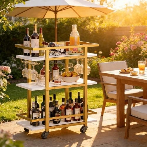 YATINEY 3 Tier Bar Cart, Home Bar Serving Cart with Wheels, Drink Cart with Glass Holder, Beverage Cart, Mobile Kitchen Cart, for Home, Garden, Party, Gold BC19DW thumbnail 4