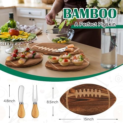 Ziliny Football Charcuterie Board Gift Set, Brown, 15x8.5in | Wood Serving Tray Cutting Board with Cheese Knives at Game Day Parties, Football Themed Prize for Sports Fans thumbnail 3