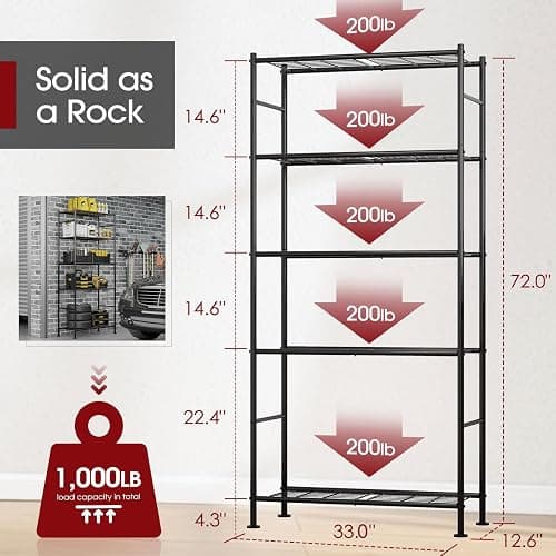 Sakugi Storage Shelves - 5 Tier Shelf Organizer, Heavy Duty Garage Shelving Unit with Leveling Feet, Stable Metal Shelves Organizer for Pantry, Kitchen and Closet, 33.0" W x 12.6" D x 72.0" H, Black thumbnail 2
