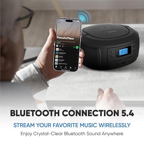 Philips CD Player Portable with Bluetooth, Crystal Clear Sound Top Loading CD Boombox with FM Radio, USB Port & Aux Input, Compact & Lightweight Design, CD-R/CD-RW/MP3 Compatible (Black) thumbnail 3