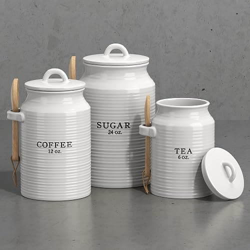Barnyard Designs Canister Set for Kitchen Counter, Coffee Tea Sugar Container Ceramic Set, Decorative Canisters, Rustic Farmhouse Canister Jars, White (Coffee/Sugar/Tea) thumbnail 7