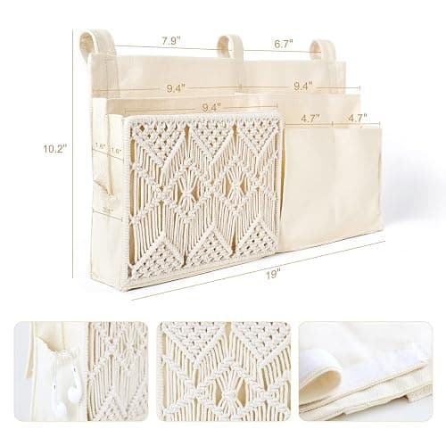 Mkono Bedside Caddy, Macrame Bunk Bed Hanging Organizer, 7 Pockets Ivory | Dorm Room Essentials, Boho Storage Bag, Remote Books Magazines Phone Snacks Drinks Holder, Bedroom Nursery Loft Baby Bed Rail thumbnail 3