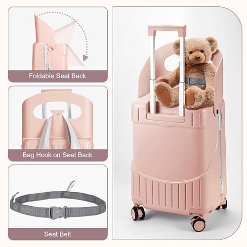 MRPLUM Ride On Luggage with Seat&Seat Belt,Hard Shell Lightweight Rolling Spinner Wheels Travel Luggage with TSA Lock,20 inch,Pink thumbnail 3