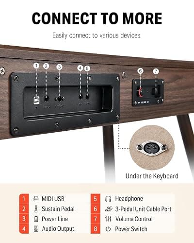 Donner DDP-80 Electric Piano 88 Keys Weighted Piano, Hammer Mechanism II, Home Digital Pianos Full Size Keyboard with Stand, Triple Pedal, USB MIDI and Headphone Jack, Walnut Wood Colour thumbnail 6