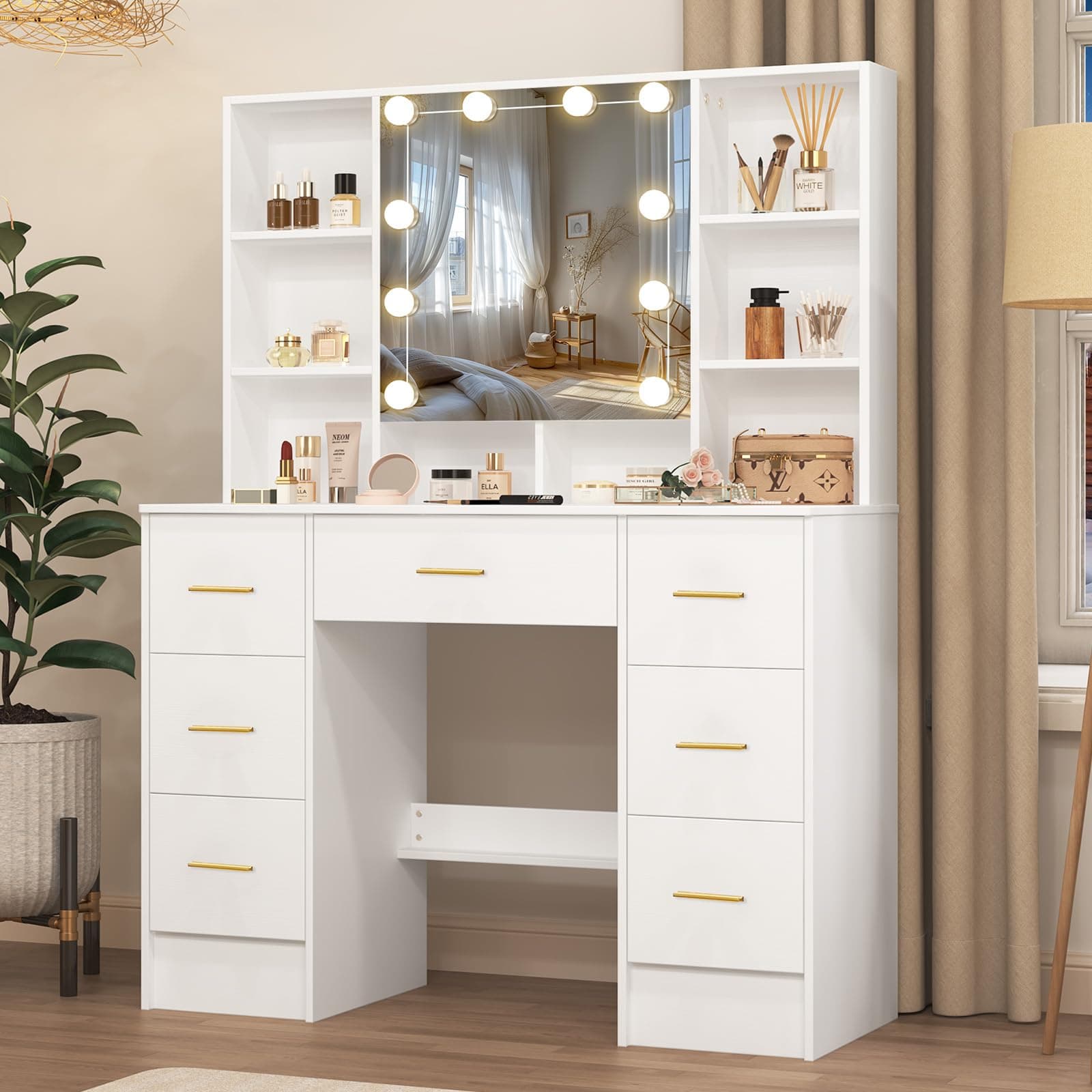 Umeiga Large Vanity Table, Vanity Desk with Sliding Mirror and Lights, 3 Adjustable Light Modes, 7 Drawers 8 Open Shelves, 3 Hidding Shelves, Makeup Desk with Metal Handles for Girls and Women, White thumbnail 3