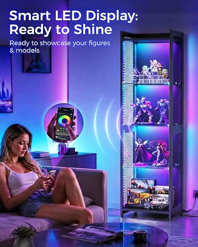 AODK Display Case with LED Lights, Display Cabinet with Open Glass Shelves for Small Space, 4-Tier Corner Display Shelf with Industrial Mesh, Curio Cabinet for Collectibles, Bookcase thumbnail 3