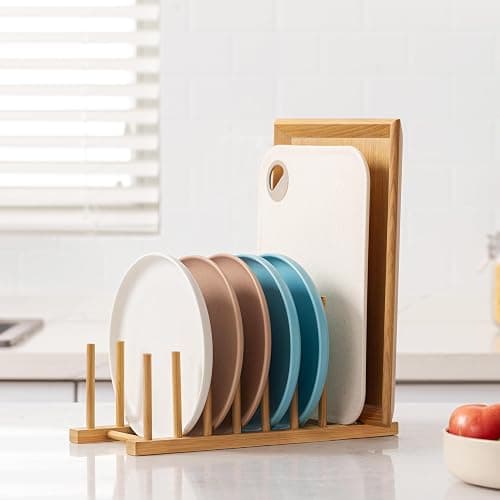 HBlife Heighten Bamboo Wooden Dish Drying Rack Plate Pot Lid Organizer | Plate Bowl Cup Book Pot Lid Cutting Board Stand, Drainer Storage Holder Organizer, For Kitchen Cabinet, 8 Slots thumbnail 6