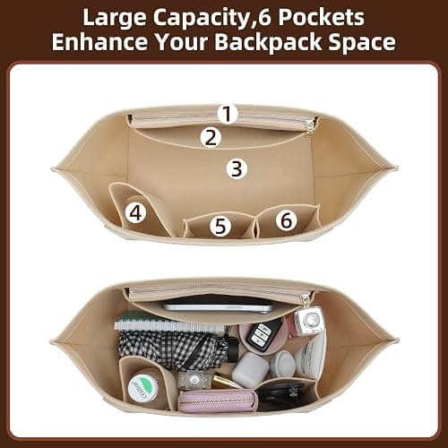Doxo Felt Purse Organizer Insert for Longchamp Le Pliage Large Bag, Beige | Anti-Pilling Felt Longchamp Organizer Insert, 8 Pockets, Cup Holder, YKK Zipper, Protects Interior, Lightweight Tote Insert thumbnail 7