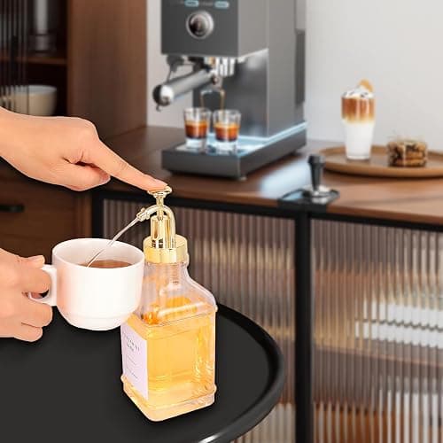 BathAce Coffee Syrup Dispenser for Coffee Bar, Clear Glass Syrup Bottles with Pump, Refillable Maple Syrup Storage, Coffee Station Accessories and Organizer, 500ml, Set of 2 + Tray (Gold) thumbnail 2