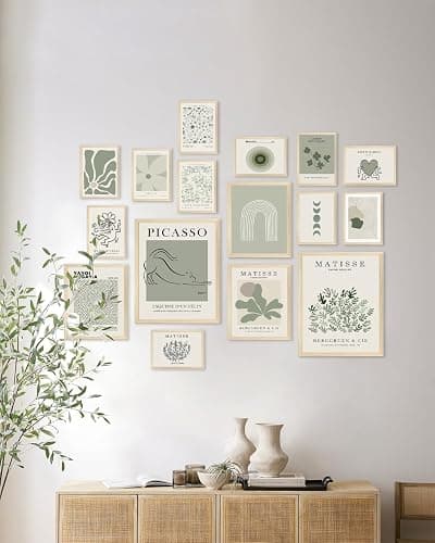 KBKBART Sage Green Room Decor Aesthetic Poster, Green Matisse Wall Art Prints, Minimalist Sage Green Wall Decor, Cute Line Flower Green Eclectic Gallery Art Wall Collage Set, Maximalist Wall Decor for Bedroom Dorm -Set of 16, Unframed thumbnail 4