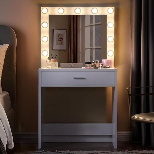 FITSCROPR Vanity Desk with Lamp Bulb Mirror Makeup Vanities Table Drawers,Vanity Storage Bench,for Bedroom White thumbnail 6