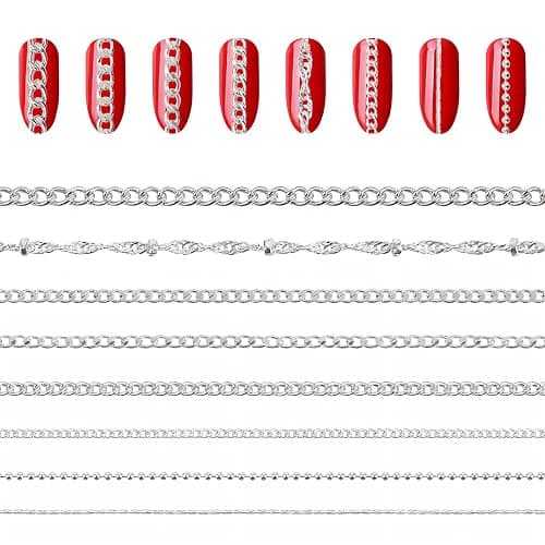 HJZHII 8 Streifen Nagelkettchen, 3D-Nagelspitze Kunst Charms Schmuck Ornamente Maniküre-Dekorationen aus Metall für DIY Herstellung Punk Nägel Glitter Design(Silber) - Image 1