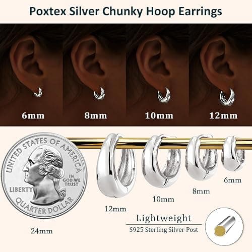 Poxtex Thick Silver Chunky Huggie Hoop Earrings for Women, Hypoallergenic Small Sterling Silver Cartilage Hoops Stacks, 14K Gold Plated Lightweight Dainty Jewelry Set for Multiple Piercings 6/8/10/12mm thumbnail 4