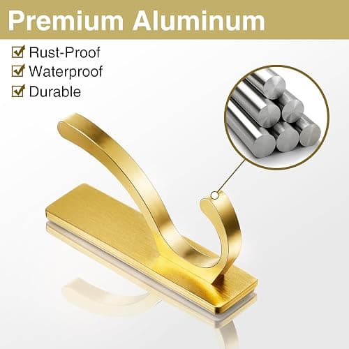 Adhesive Wall Hooks for Towels Coats - Stick On Hooks Hanging Heavy Duty (13lb), Metal Hook for Door, Bathroom, Dorm, Closet - Hanger for Purse, Bag, Robe,Backpack - No Damage to Wall - Gold 6 Pack thumbnail 3