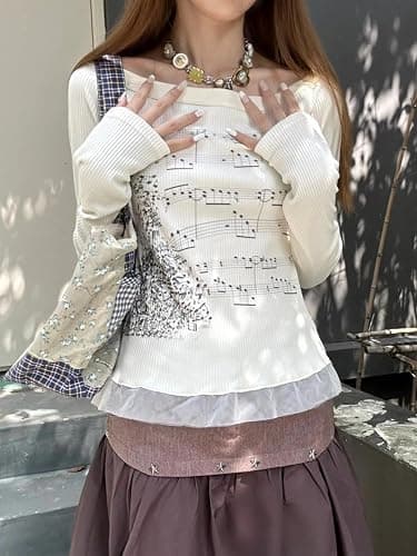 Y2K Emo Grunge Goth Shirt Long Sleeve Off Shoulder Teen Girls T-Shirt Alt Top 2000s Clothes thumbnail 2