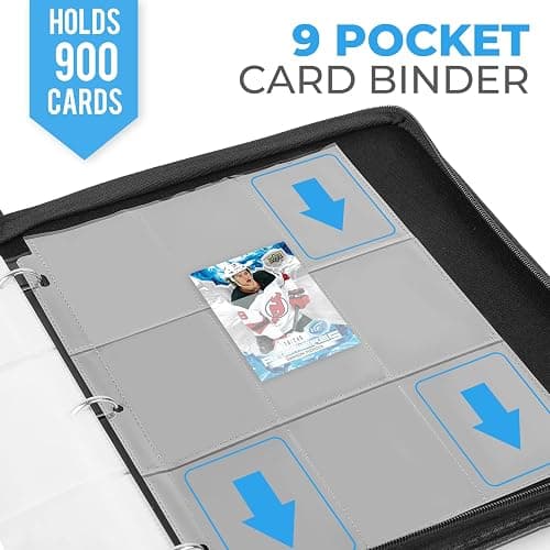 DSCD 9 Pocket Card Binder: 900 Zipper Double Sided Sports & Trading Card Collector Album with 50 Removable Sleeves - Kids Card Holder for TCG NHL Baseball Football Hockey Games (Black） thumbnail 4