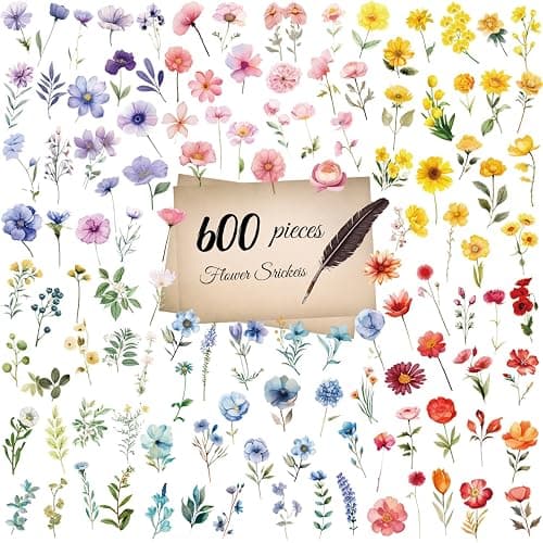 WANGHENG 600Pcs Natural Flower Stickers,Self-Adhesive PVC Vintage Flower Stickers for Scrapbook,Laptop,Journal,DIY Project - Image 1