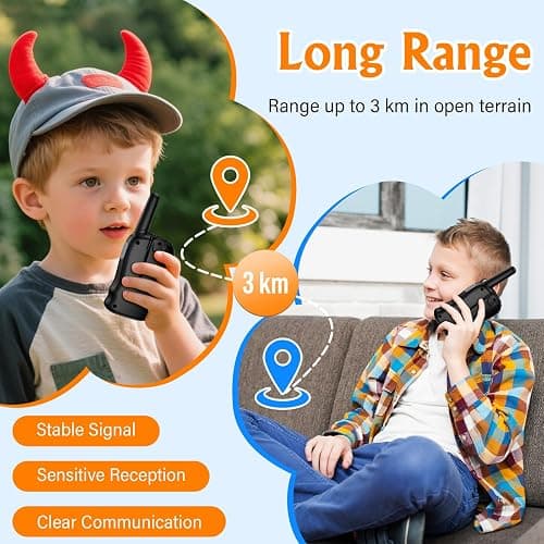 Walkie Talkie Kinder 2er Set, Pakinui Walky Talky mit 1000mAh Aufladbar Akku, Große Reichweite 3km Walki Talki Funkgeräte Set mit VOX Taschenlampe für Freien, Camping, Wandern thumbnail 4