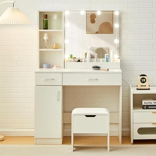 TUKAILAI Schminktisch mit LED-Beleuchtung, Frisiertisch mit 2 Schubladen und 6 offenen Fächern, Moderner Schlafzimmer Make up Schreibtisch, Kosmetiktisch mit Spiegel Einstellbarer Helligkeit - Image 1
