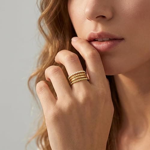 Dainty Stackable Gold Rings for Women Non Tarnish, Stacking 14K Gold Plated CZ Wedding Bands Ring Set, Waterproof Simple Trendy Minimalist Engagement Promise Thumb Pinky Thin Ring Size 5 6 7 8 9 10 11 thumbnail 5