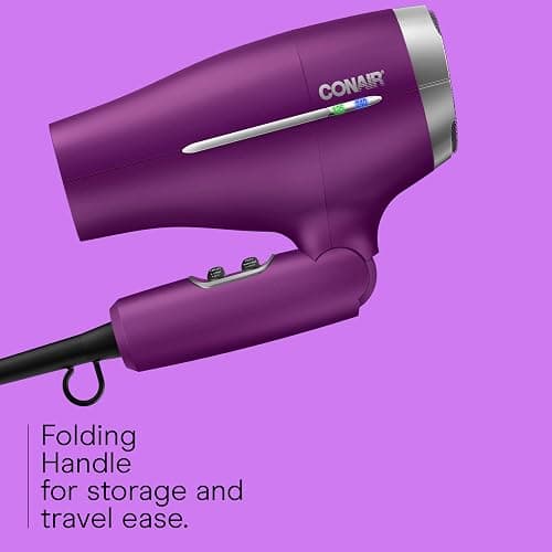 Conair Worldwide Folding Handle Hair Dryer with Concentrator & Diffuser, 1875W Travel Blow Dryer with Smart Voltage Technology, Ionic Conditioning Fights Frizz, 3 Heat & 2 Speed Settings, Purple thumbnail 3