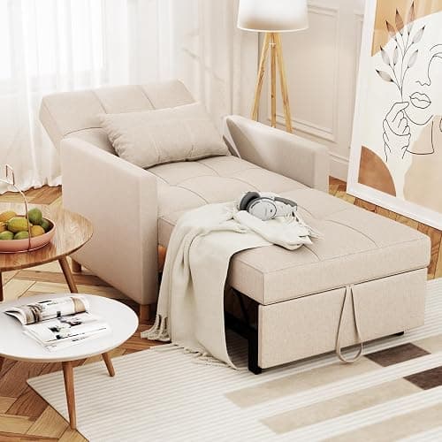 YODOLLA Pull Out Sleeper Chair Bed 80cm Single Sofa Armchair, Beige | 3-position reclining backrest, practical side storage pocket, space-efficient foldable guest sleeping design thumbnail 2