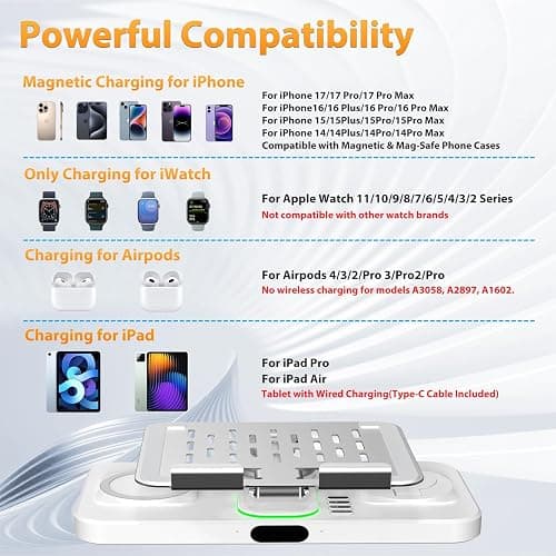 30W Charging Station for Apple Products, Foldable Wireless Charger with Clock Display&7 Color Light, Wired Charging for iPad/Tablet Charging Station for iPhone16, for Apple Watch10 for AirPods4(Cream thumbnail 2