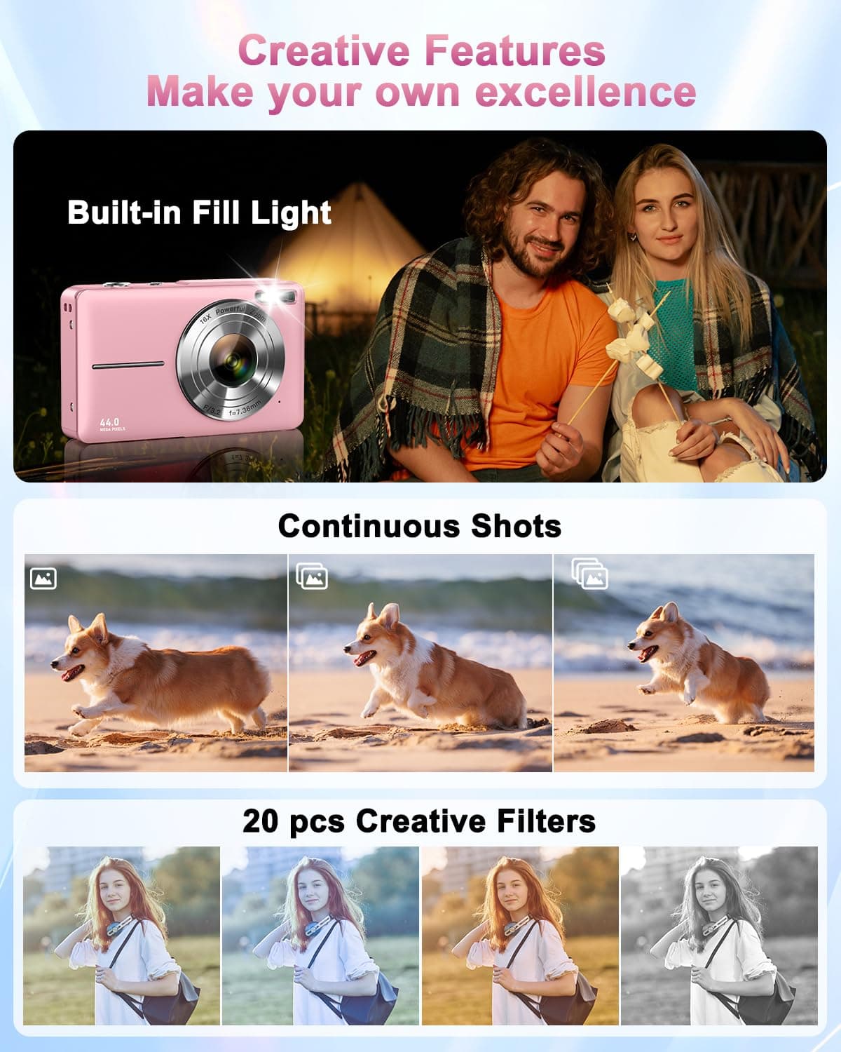 Digital Camera, Camkory FHD 1080P Point and Shoot Digital Camera 44MP Kids Camera 16X Digital Zoom, Anti Shake Small Travel Camera with 32GB SD Card, Two Batteries (Light Pink) thumbnail 6