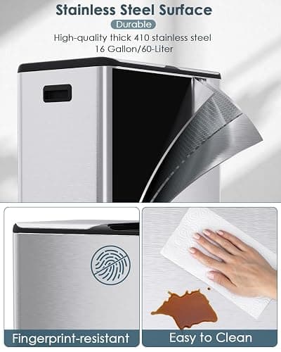 Arlopu 16Gal Dual Trash Can w/2 Built-in Box for Odor Control, Hands-Free Kitchen Garbage Bin, Recycle Waste Dustbin, Soft-Close Lid, 2 Buckets,Foot Pedal, Side Handle, Airtight,for Home Office thumbnail 4