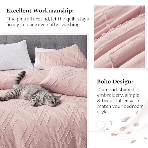 FROHAUL Boho Queen Comforter Set,Blush Pink Rhombus Tufted Queen Size Comforter Set with Corner Loops,3 Pieces Embroidery Shabby Chic Bedding Comforter Sets for All Seasons(Blush Pink,Queen) thumbnail 6