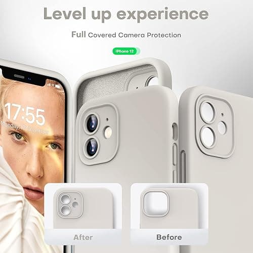 HATOSHI for iPhone 12 Case, [Upgraded Camera Protection] Liquid Silicone Phone Case with 2 Screen Protectors, Soft Anti-Scratch Microfiber Lining Shockproof Phone Cover, 6.1 inch, Stone thumbnail 5