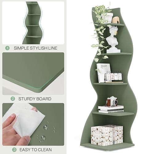 Tribesigns Corner Shelf, Modern 5-Tier Wall Corner Bookshelf, Stylish Corner Small Bookcase Storage Rack Plant Stand with Unique Shape for Living Room, Home Office (Sage Green, 1PC) thumbnail 7